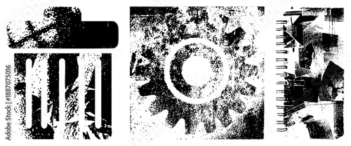 Grunge Textured Trash Can, Gear, and Abstract Geometric Shapes