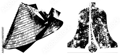 Vintage Bell and Shingle Roof Silhouettes in Grunge Vector Art