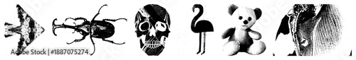 Stylized Insect, Skull, Flamingo, Teddy Bear & Bat Silhouettes in Halftone Vector