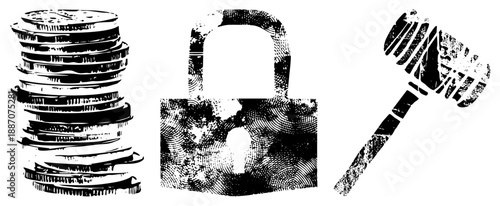 Stack of Coins, Padlock, and Gavel Symbols in Halftone Vector Design