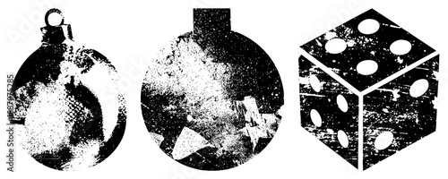Grunge Textured Holiday Ornaments and Dice in Halftone Vector Style