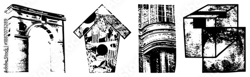 Four Architectural & Geometric Vector Silhouettes in Halftone Style