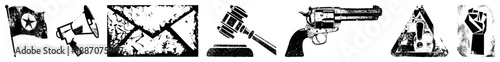Symbols of Protest and Power Flag, Megaphone, Gavel, Gun, Warning Sign, Fist