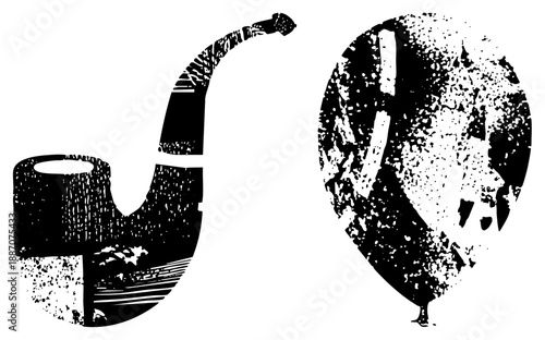 Vintage Smoking Pipe and Retro Telephone in Grunge Vector Style