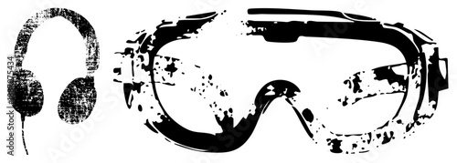Oversized Safety Goggles and Over Ear Headphones in Grunge Vector Style