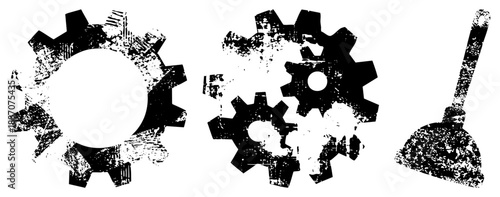 Grungy Mechanical Gears and Plunger Vector Set with Distressed Texture