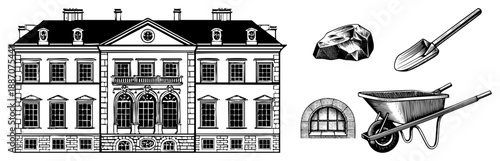Classic European Mansion with Construction Tools and Stone Elements