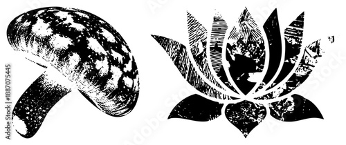 Stylized Mushroom and Lotus Flower in Halftone Vector Art