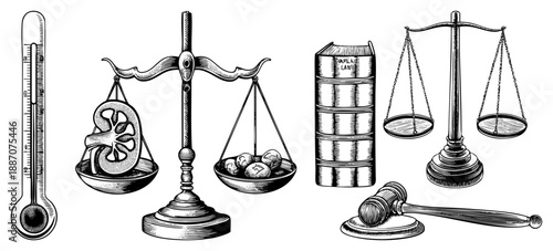 Legal & Medical Justice Symbols Scales, Gavel, Dialysis Book, Thermometer