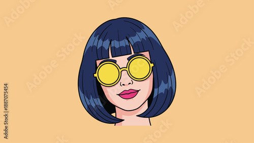 Pop Art Style Woman with Round Yellow Sunglasses and Bob Haircut.