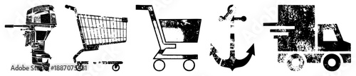Grunge Styled Set Featuring Outboard Motor, Shopping, Anchor, and Delivery Truck