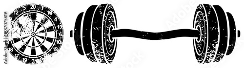 Vintage Style Dartboard and Dumbbell Vector with Distressed Texture