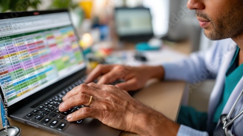 Doctor organizing billing codes at a busy hospital office desk
