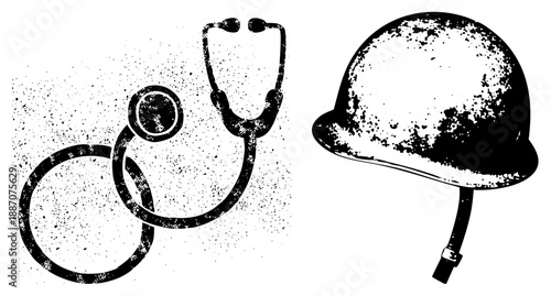 Stethoscope and Military Helmet Medical Safety Symbols