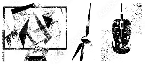 Abstract Digital Display, Wind Turbine, and Computer Mouse in Halftone Vector Art