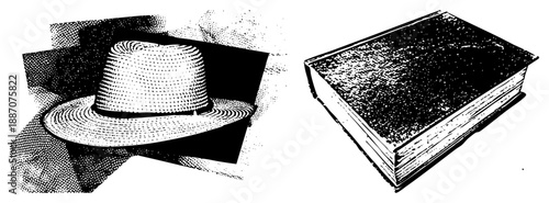 Vintage Straw Fedora Hat and Hardcover Book in Halftone Vector Illustration