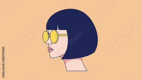 Stylish Woman With Bob Haircut And Round Sunglasses.