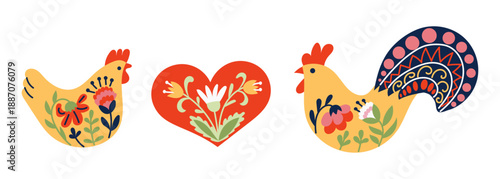 Folk art easter illustration with decorative rooster, hen and floral heart in bright traditional style. Concept of spring holiday celebration, rural culture and symbolic love