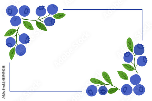 Summer berry frame with blueberry branches and green leaves forming decorative border on white background. Concept of natural food design, organic harvest and fresh seasonal composition