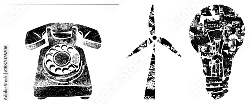 Vintage Rotary Phone, Wind Turbine, and Collage Lightbulb