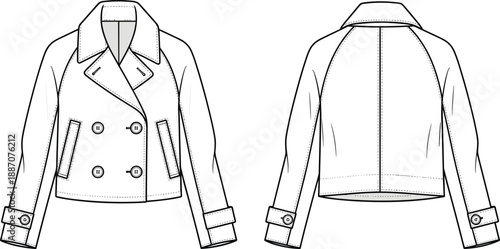 PrintFashion technical illustration of cropped double breasted jacket front and back view, tailored garment construction with wide lapel collar, buttons, cuffs, seams and structured design