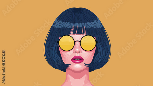 Stylish Woman With Bob Haircut and Yellow Sunglasses.