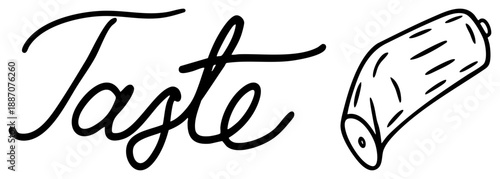 Elegant Cursive "Taste" Wordmark with Sausage Illustration
