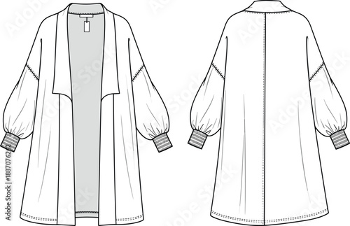 PrintFashion technical illustration of long sleeve open front cardigan coat with voluminous gathered sleeves, ribbed cuffs, wide draped collar, front and back garment construction design