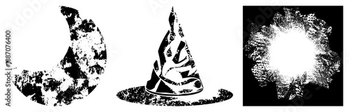 Witch Hat, Moon, and Explosion Symbols in Grunge Vector Art