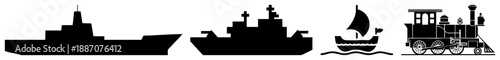 Four Black Silhouettes of Naval Vessels and Train