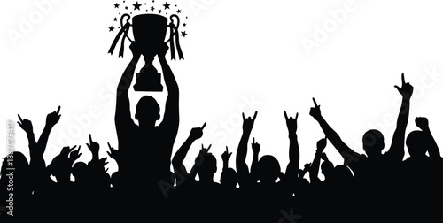 Fans cheering with a trophy silhouette vector.