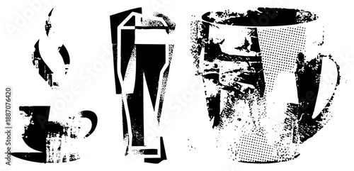 Abstract Coffee Mug,, and Espresso Machine Silhouettes in Halftone Vector Art