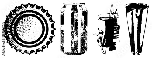 Vintage Bottle Cap, Soda Can, Cocktail Glass, and Tumbler in Grunge Vector Style