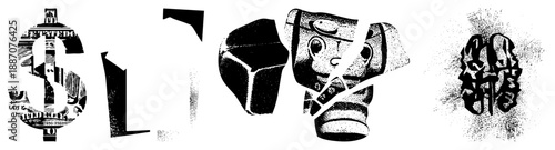 Stylized Dollar Sign, Letter L, Cube, Broken Robot, and Abstract Glyphs in Halftone