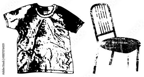 Distressed T Shirt and Wooden Chair Vector Silhouettes with Grunge Texture