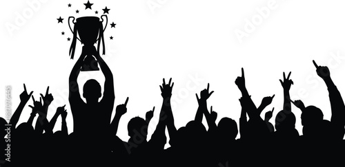 Crowd of supporters and championship trophy silhouette vector illustration.