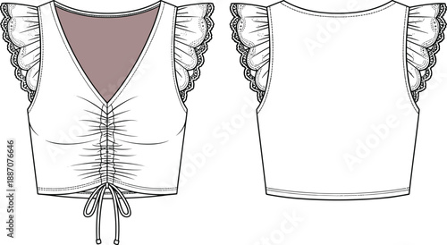 PrintFashion technical illustration of women’s sleeveless top with deep V neckline, ruched center seam, drawstring hem, ruffled lace sleeves, front and back garment construction design