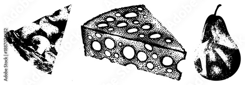 Halftone Rendered Slice of Cheese, Pear, and Mushroom in Vector Style