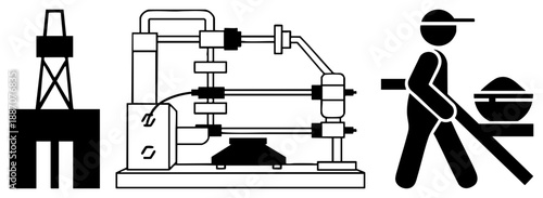 Oil Rig, Industrial Pump System, and Worker with Shovel Set