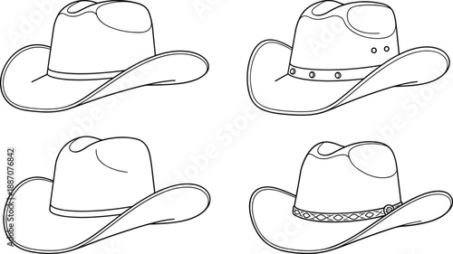 PrintSet of Cowboy Hat Technical Flat Sketches Vector Mockup with Different Hatbands and Stud Details Western Headwear Template Illustration for Fashion Tech Pack Design