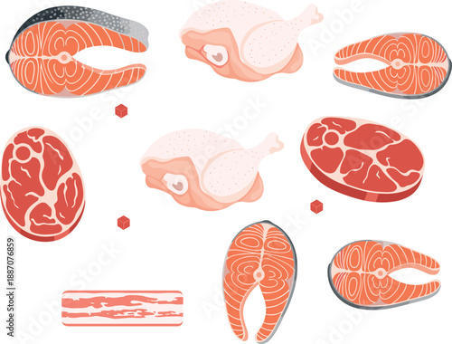Raw Meat Fish And Chicken Cuts Illustration Set Salmon Beef Poultry Protein Food Vector Collection Design