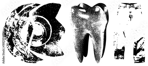 Abstract Halftone Illustrations of Tooth, Spiral, and Human Figure Silhouettes