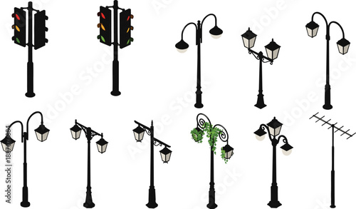 Street Light And Traffic Signal Silhouette Vector Set Urban Lamp Post Collection Isolated On White Background City Design Elements