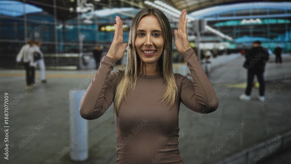 Fototapeta premium Woman blonde with hands raised beside head, smiling toward camera in busy airport terminal near checkin area and walkway; playful travel moment.