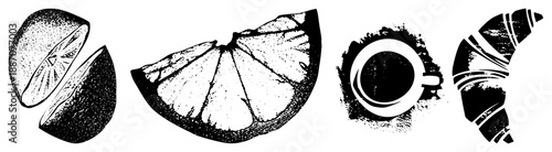 Halftone Illustration of Citrus, Coffee, and Croissant in Vintage Style