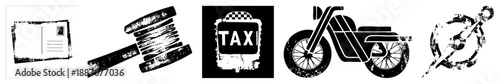 Grunge Styled Postcard, Gavel, Tax Sign, Motorcycle, and Compass