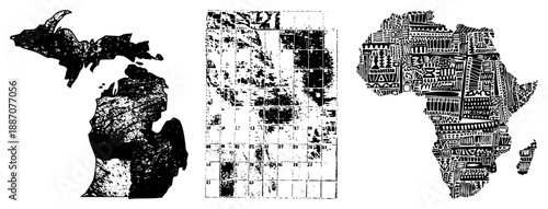 Three Continent Maps with Distinctive Cultural and Grid Overlay