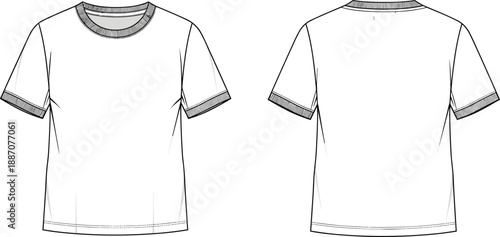 PrintUnisex Short Sleeve Crew Neck T-Shirt Technical Flat Sketch Vector Mockup with Ribbed Collar and Cuffs Front and Back View Apparel Design Template
