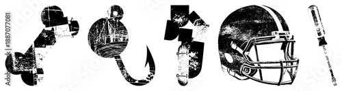 Grunge Styled Sports Gear Skateboard, Fishing Hook, Helmet, Bat