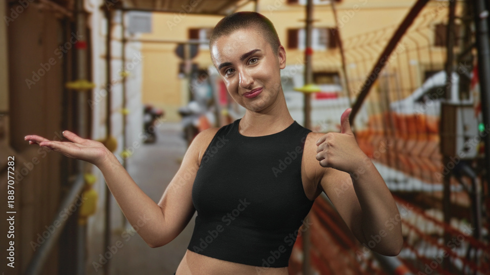 Fototapeta premium Woman with short buzzcut wearing black top gestures open palm and thumbs up on a street scaffolding walkway; confidence invitation.